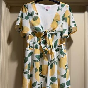 Pink Lily Yellow Lemon Tie-Front Romper with Green Leaves